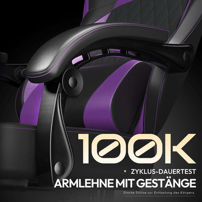 Ergonomischer Gaming Stuhl mit Lendenwirbelstütze und PU Leder, Lila, 150KG