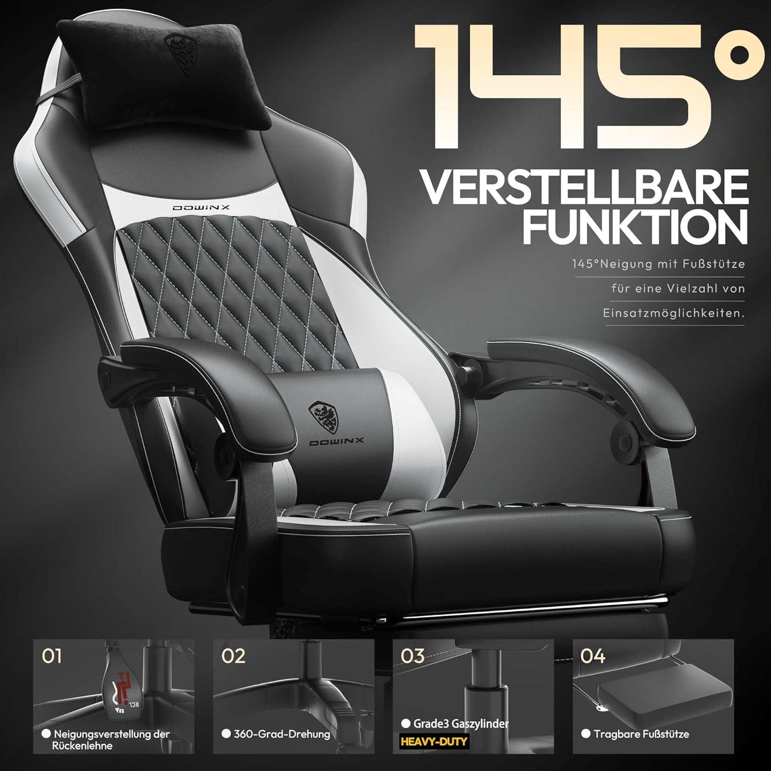Dowinx Gaming Stuhl mit Lendenwirbelstütze, Ergonomischer Sessel PU Leder 150KG