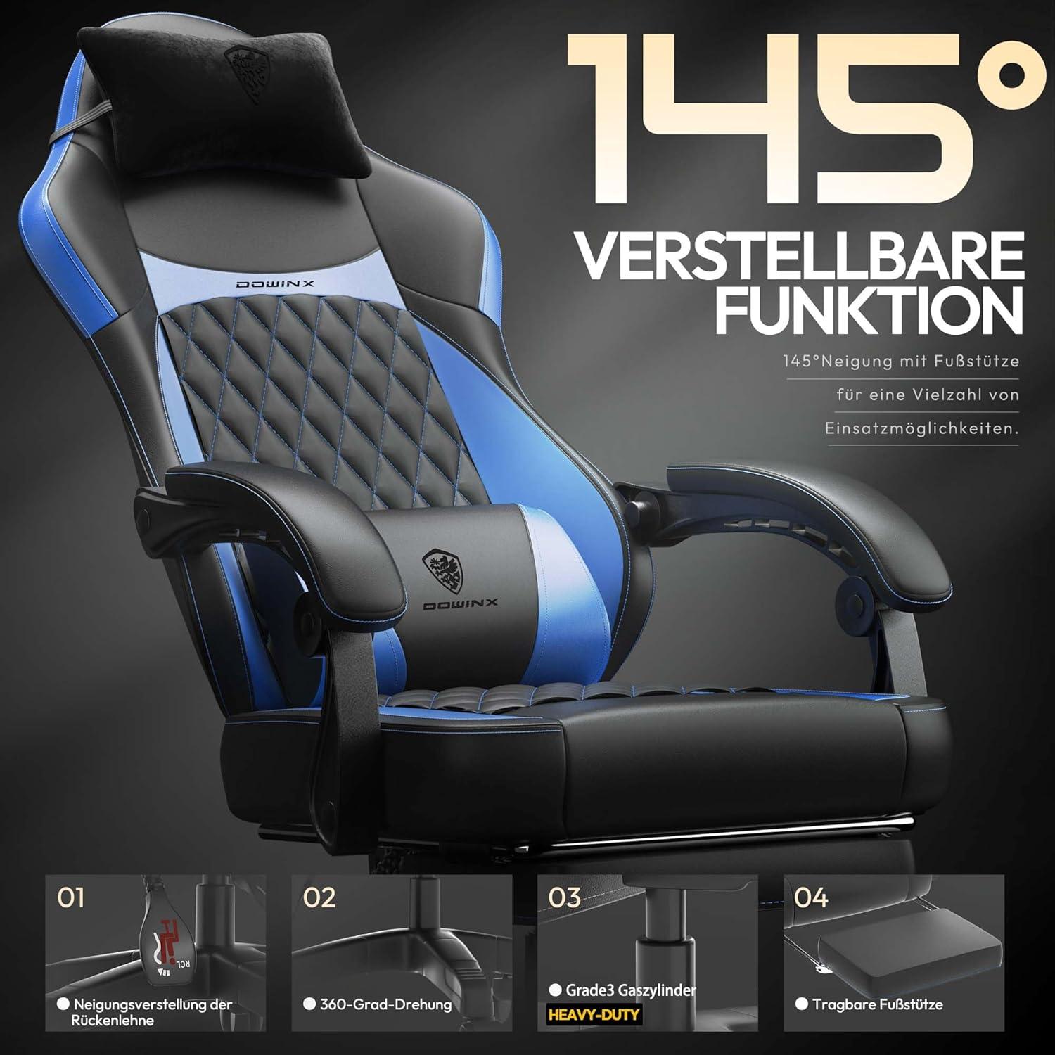 Ergonomischer Gaming Stuhl mit Lendenwirbelstütze PU Leder Blau