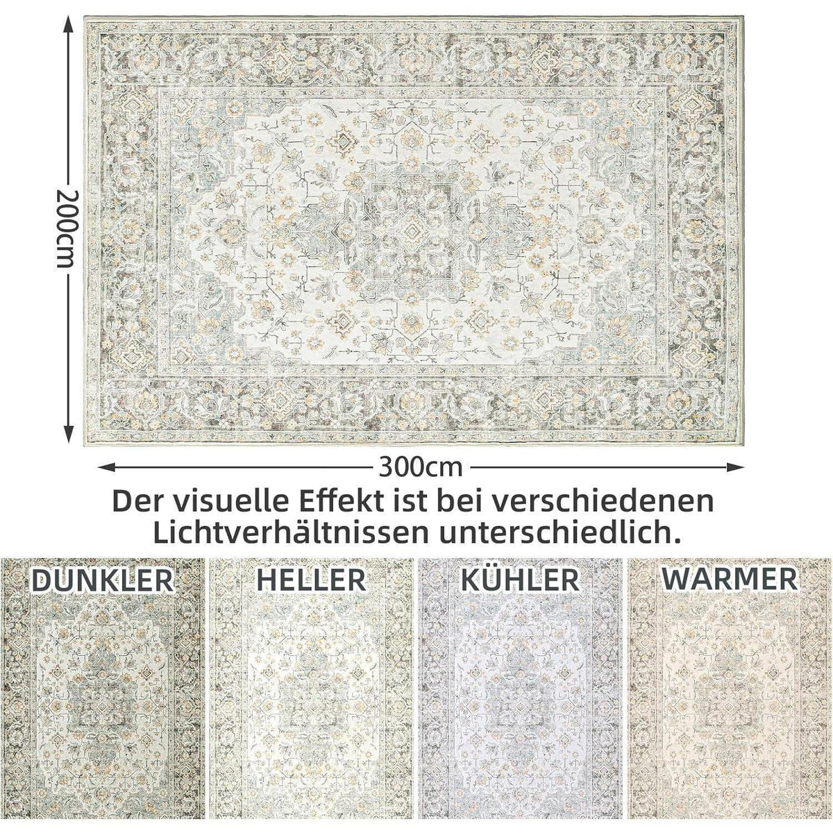 Vintage Teppich 200x300cm – Beige Kurzflor Wohnzimmerteppich