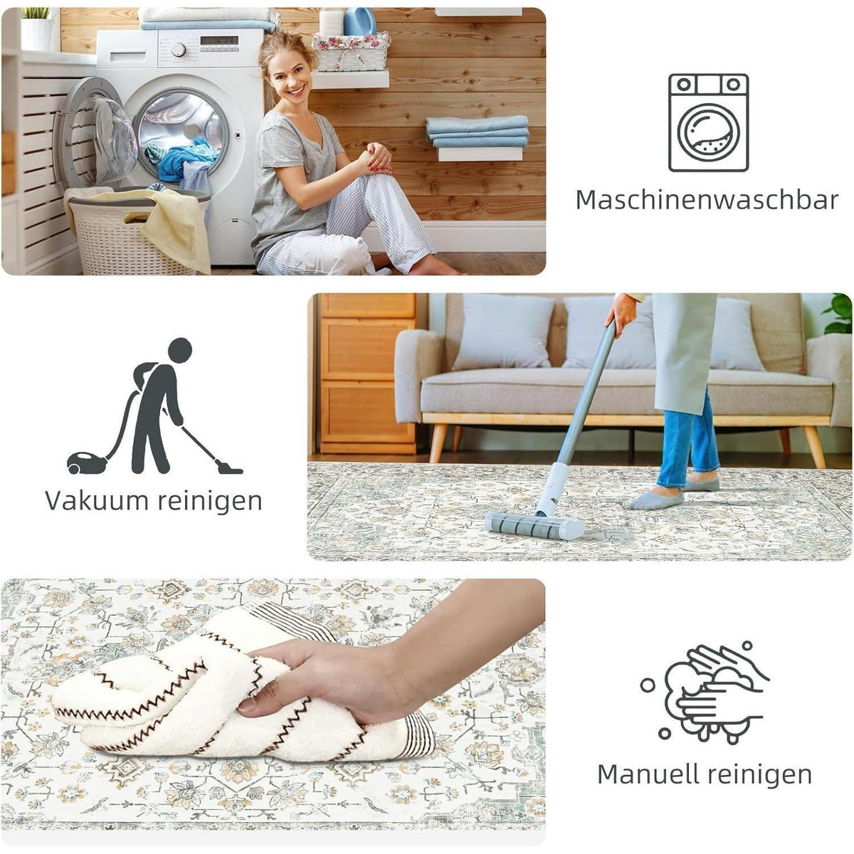 Vintage Teppich 200x300cm – Beige Kurzflor Wohnzimmerteppich