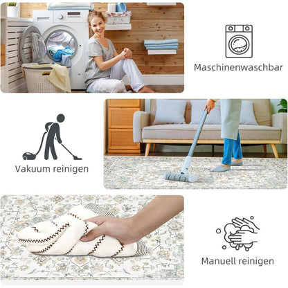 Vintage Teppich 200x300cm – Beige Kurzflor Wohnzimmerteppich