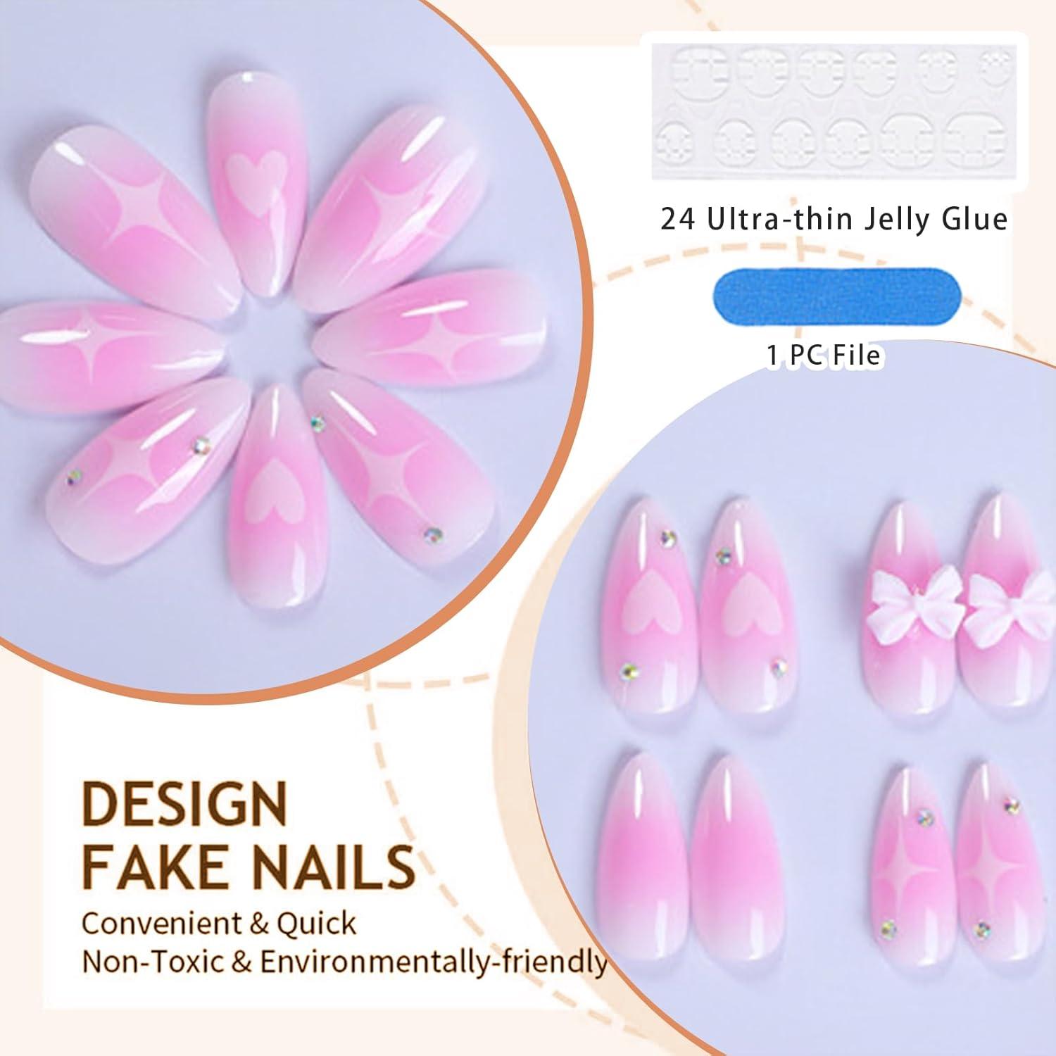 24 Stück Pink Ombré Herz Design Falsche Nägel 3D Schleife GlamRays