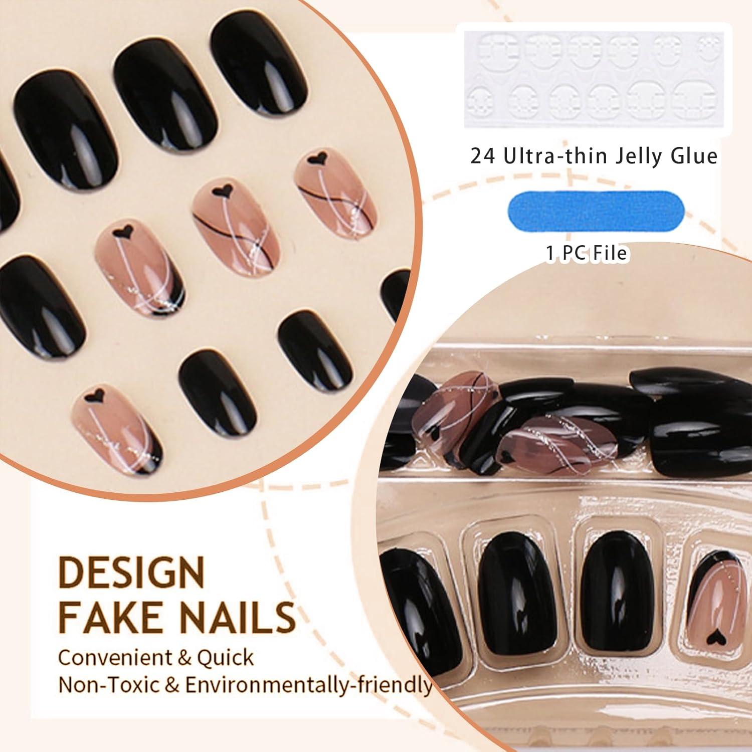 24er Set Kurze Klebernägel Oval Glänzend Schwarz-Nude mit Gold Glitzer