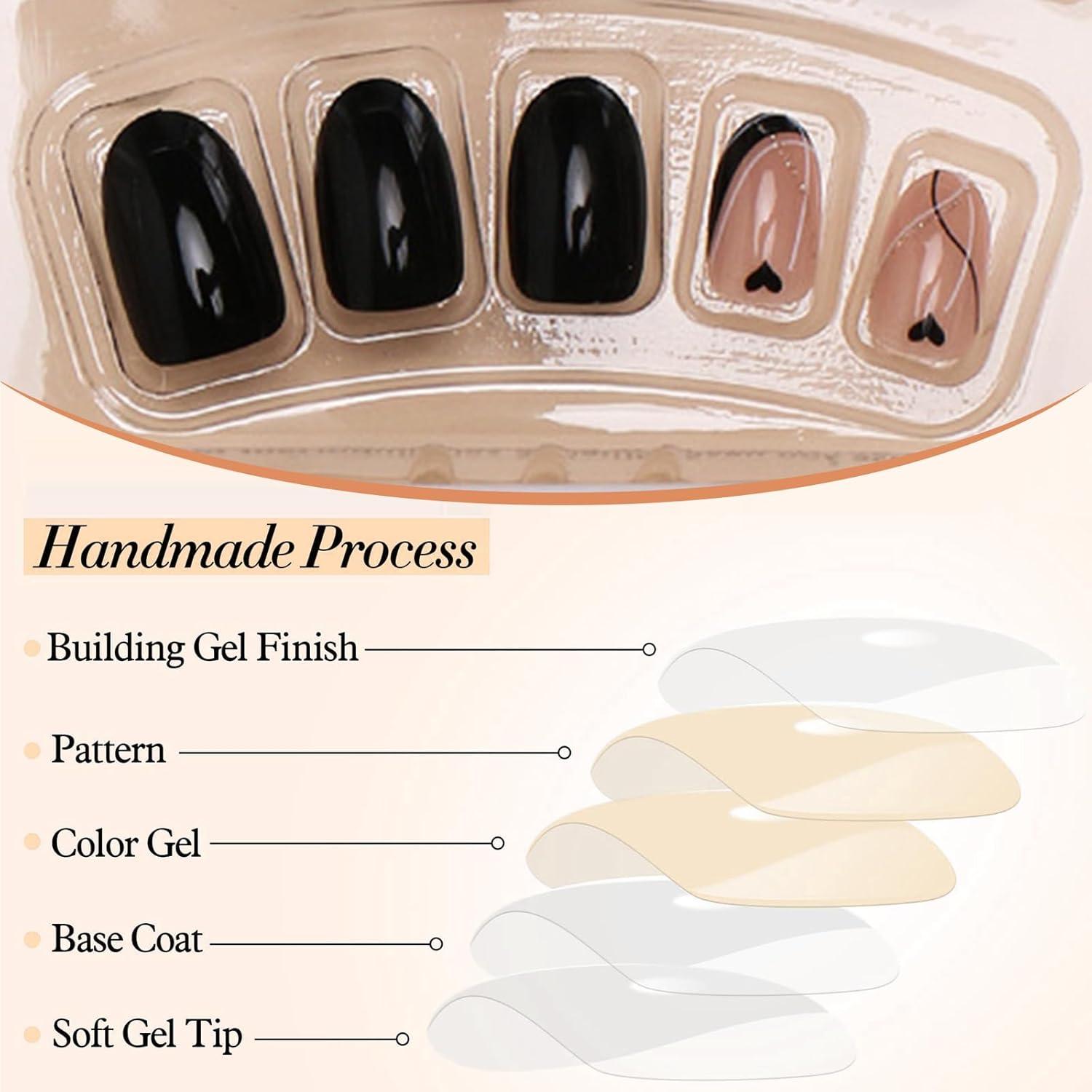 GlamRays Oval Press on Nails Schwarzes Herz Design Nude-Pink 24 Stück
