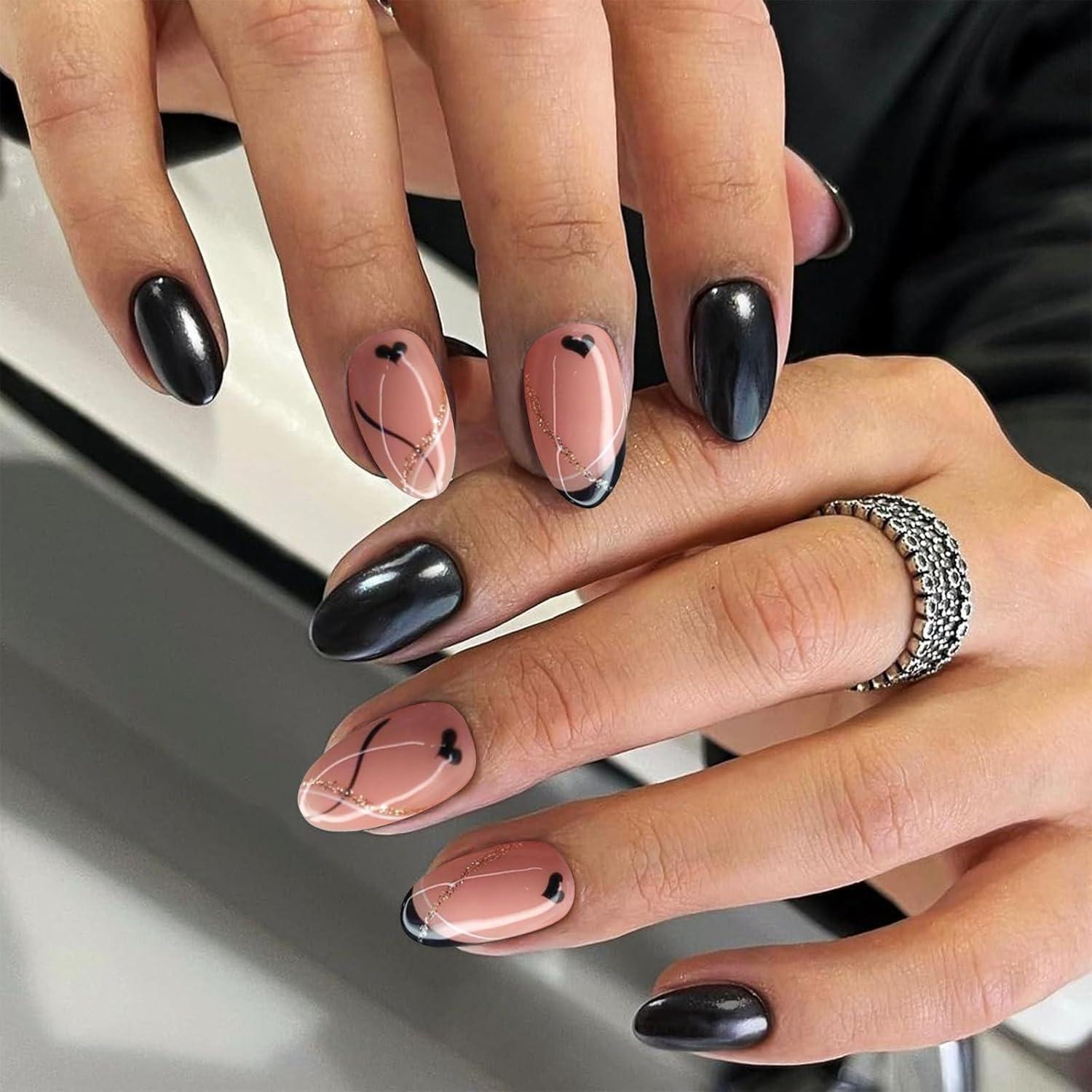 Klebernagel Oval Glänzend Schwarz Gold Glitzer Wellenlinie Design 24
