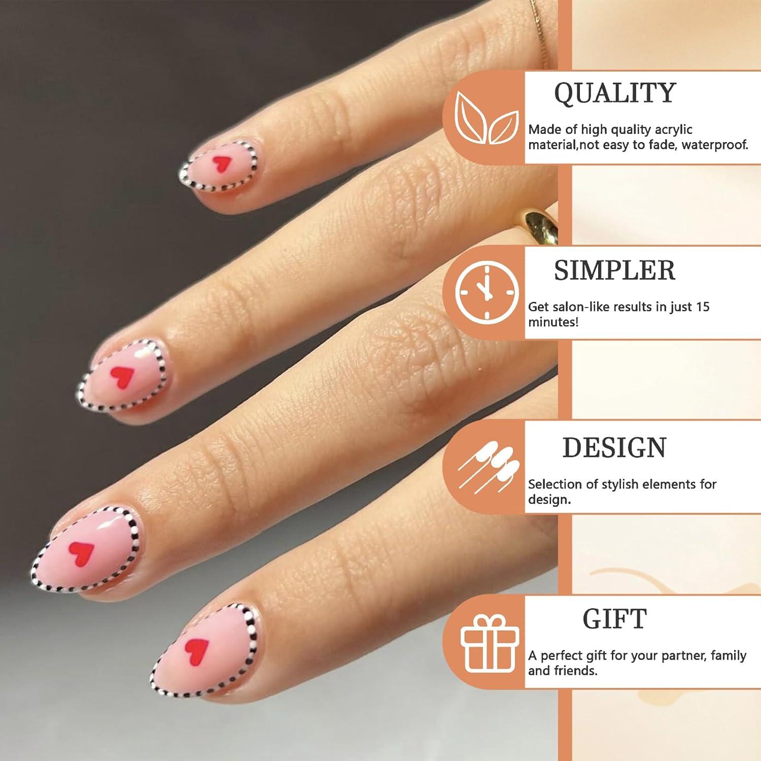 24 Stück Valentins-Press-On Falsch Nägel Mandel French Tip mit Zebra-Streifen Herz-Design