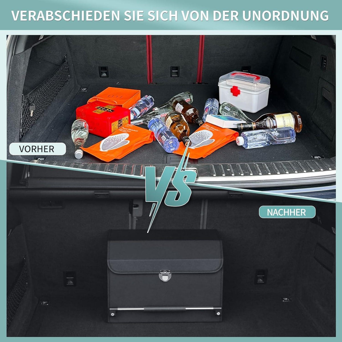 Auto Kofferraum Organizer mit Deckel aus Nappa Leder – 37L Schwarz