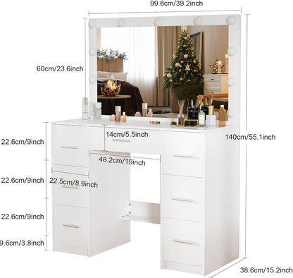 Ereousa Schminktisch LED-Leuchten Helligkeit Spiegel Schubladen Weiß 100x40x140cm