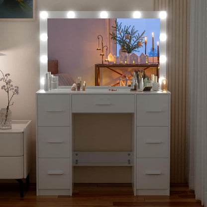 Make-up Tisch mit LED-Beleuchtung, Großem Spiegel, 7 Schubladen, 100x40x140cm