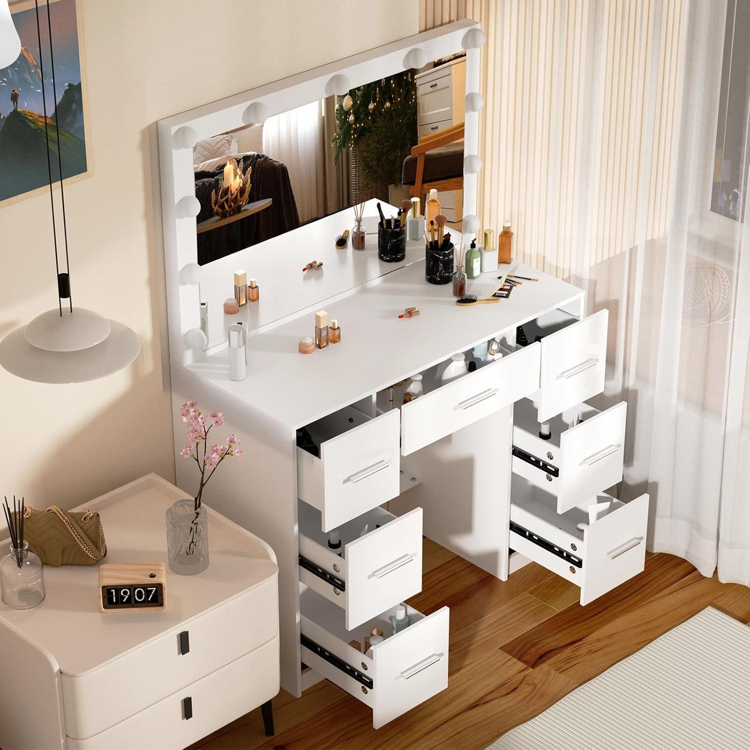 Make-up Tisch mit LED-Beleuchtung, Großem Spiegel, 7 Schubladen, 100x40x140cm