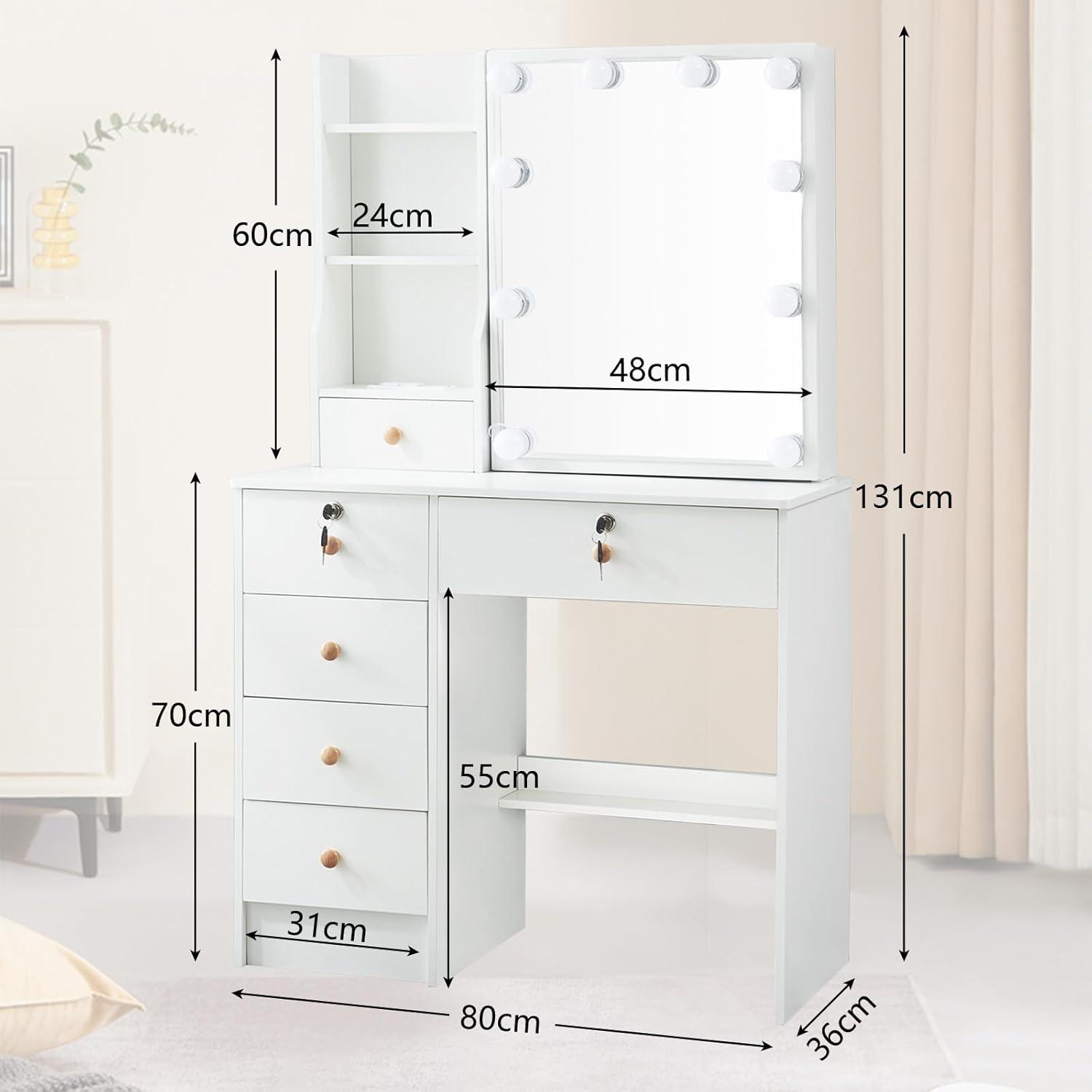 Ereousa Schminktisch mit Beleuchtung und Schiebespiegel Weiß 36x80x131cm
