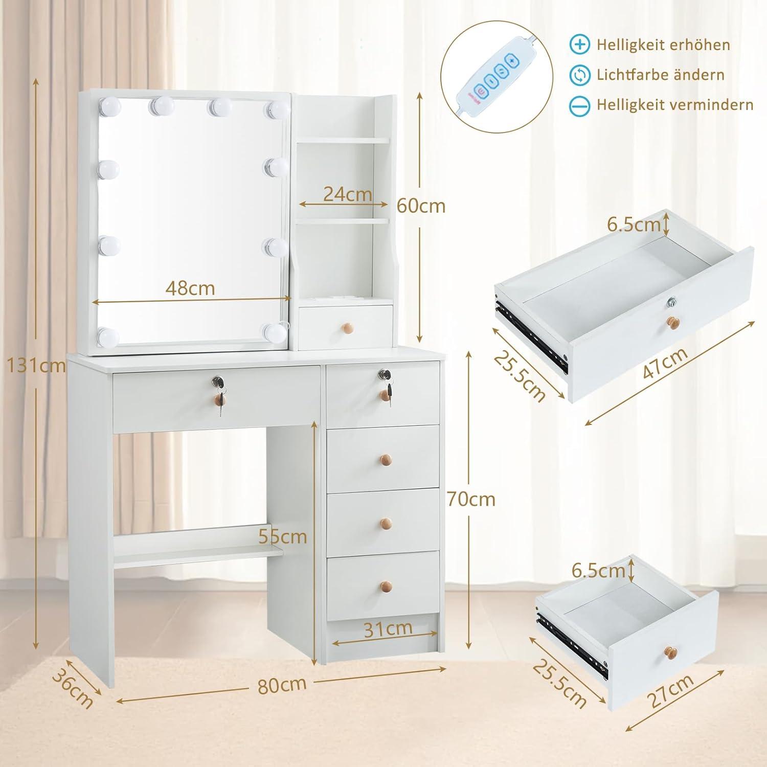 Ereousa Schminktisch LED-Beleuchtung Schiebespiegel Weiß 36x80x131cm
