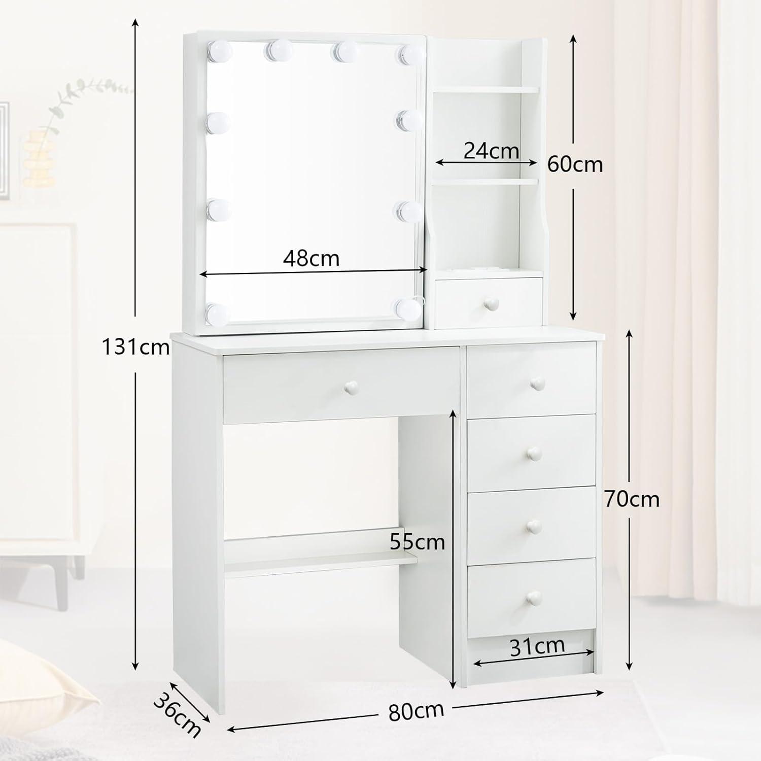 Ereousa Schminktisch Beleuchtung Helligkeit Schiebespiegel Weiß 36x80x131cm