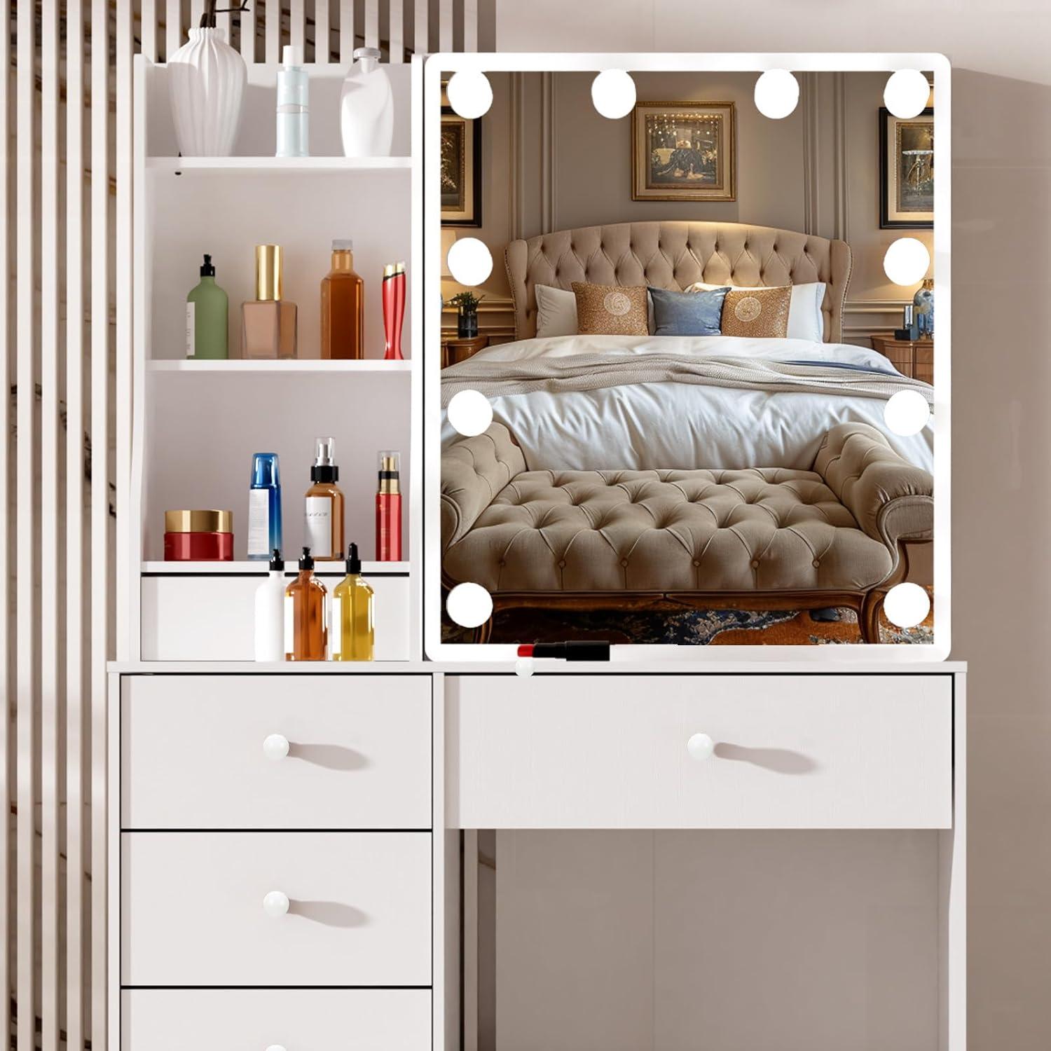 Ereousa Schminktisch Beleuchtung Helligkeit Schiebespiegel Weiß 36x80x131cm