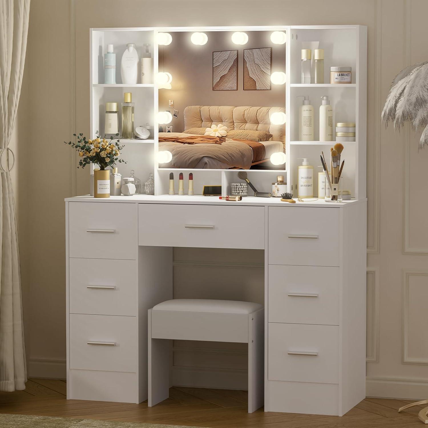 Schminktisch LED Beleuchtung Einstellbarer Spiegel Weiß 40x100x140cm