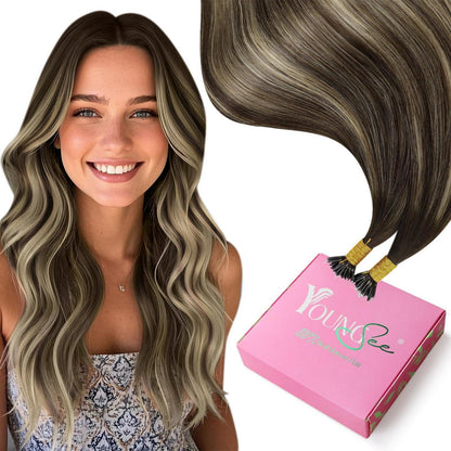 Echthaar Nano Ring Extensions Dunkelbraun Ombre Blond 55cm