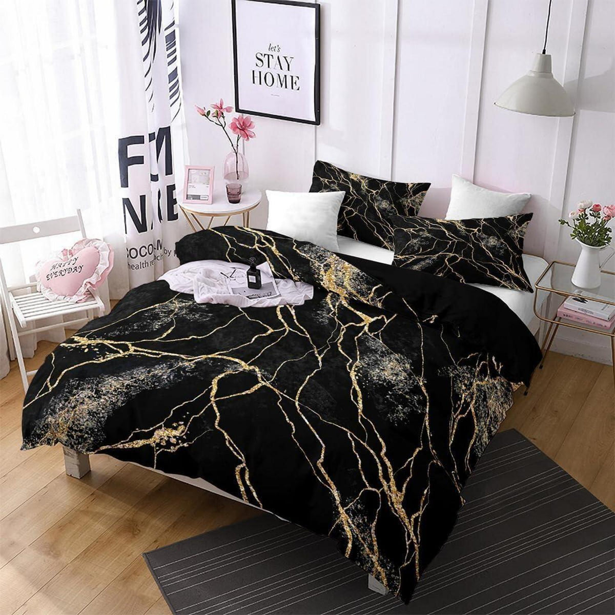 Marmor Bettwäsche Set 135x200 cm Schwarz Gold Mikrofaser
