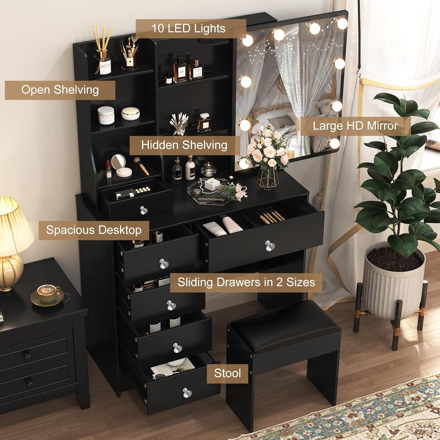 Schminktisch mit Beleuchtung und Spiegel 80x36x130cm Schwarz Make-up Tisch