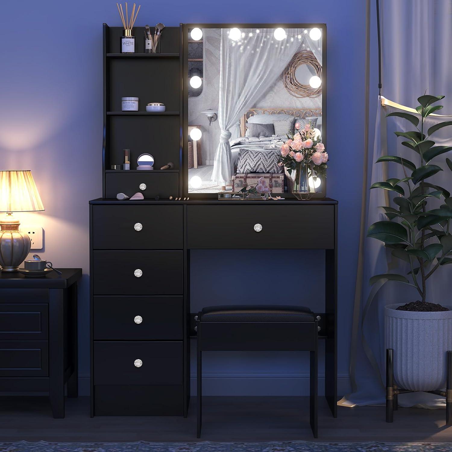 Schminktisch LED Beleuchtung, Spiegel, Hocker - Schwarz - 80x36x130cm