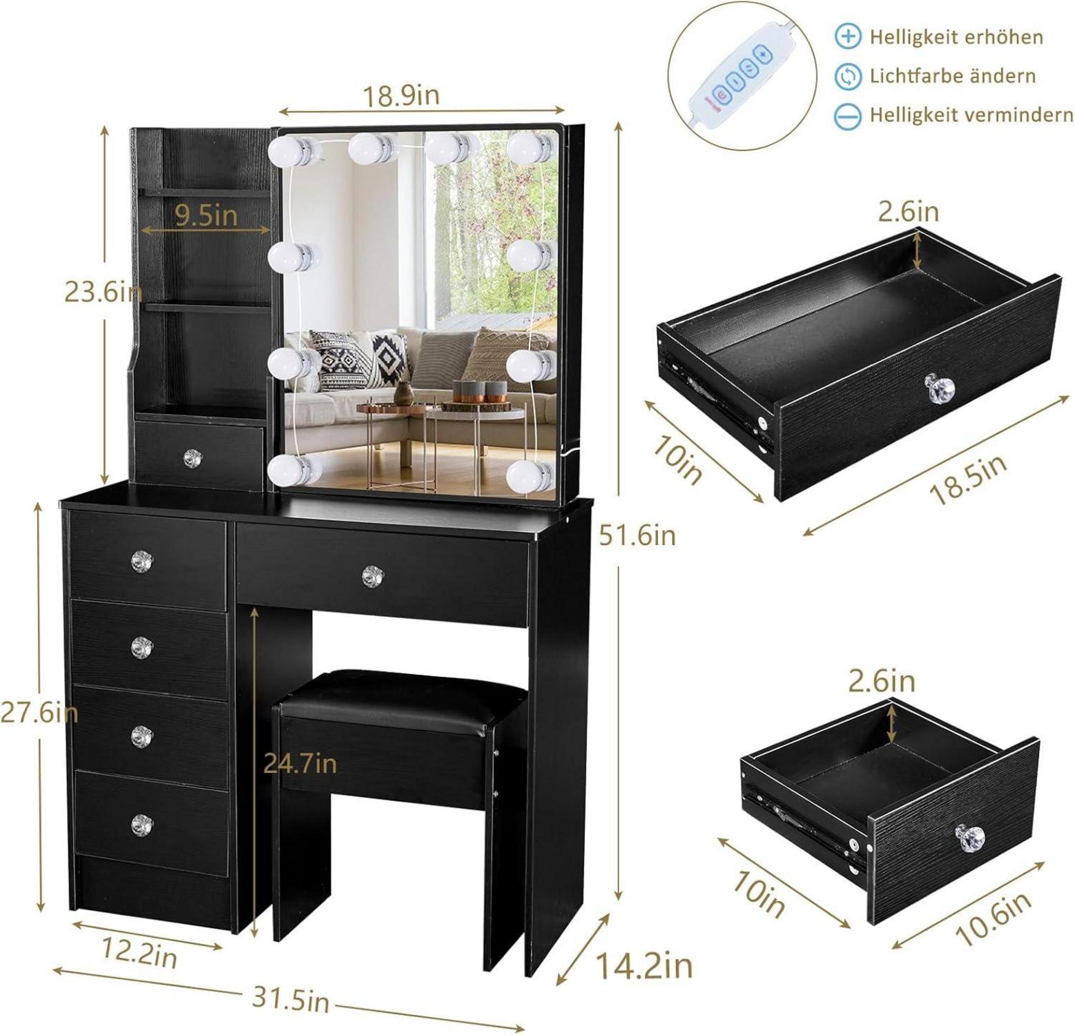 Schminktisch LED Beleuchtung, Spiegel, Hocker - Schwarz - 80x36x130cm