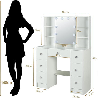 Schminktisch mit Beleuchtung und Spiegel Hocker Kosmetiktisch 100x40x140cm
