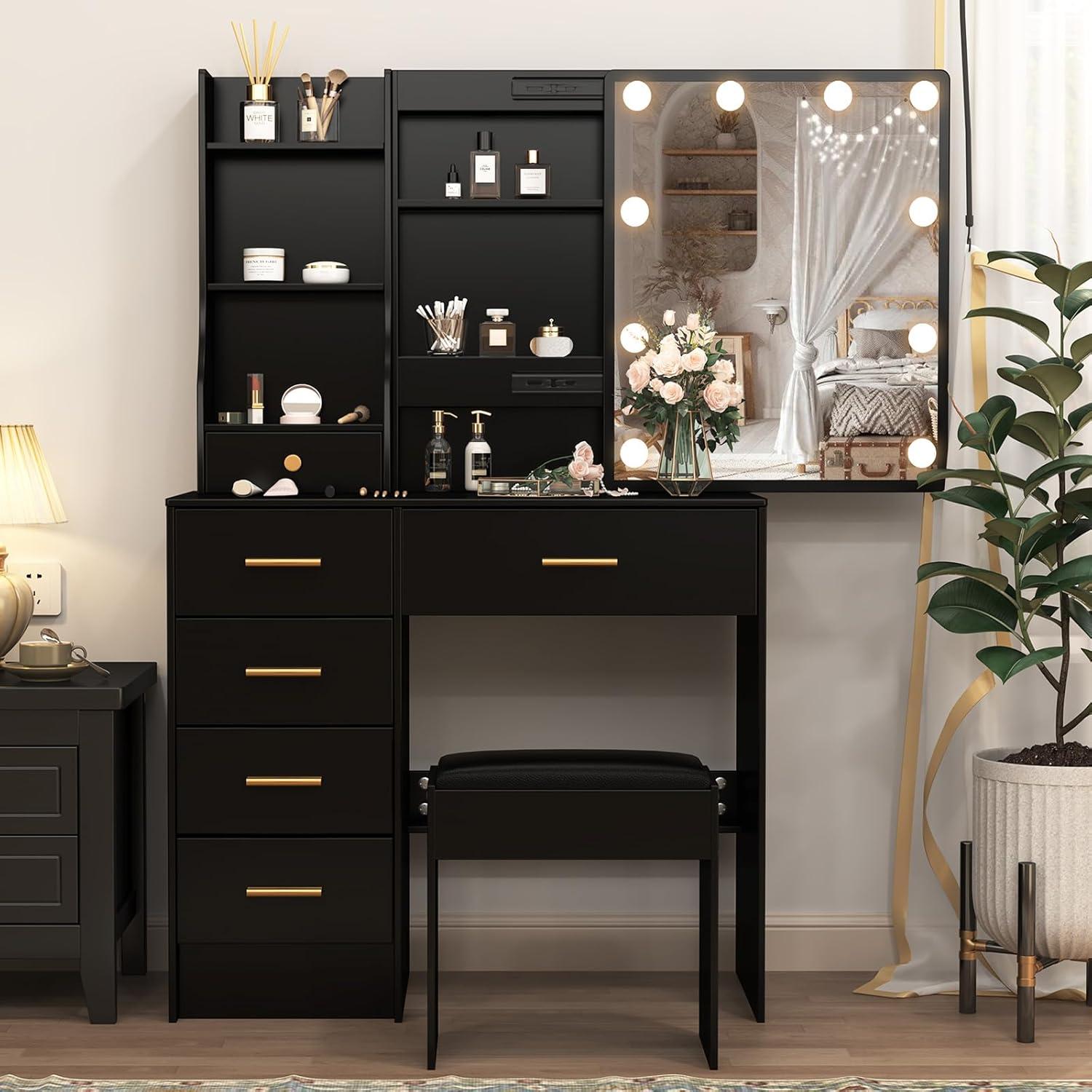 Schminktisch mit Beleuchtung und Spiegel, Frisiertisch Hocker Makeup