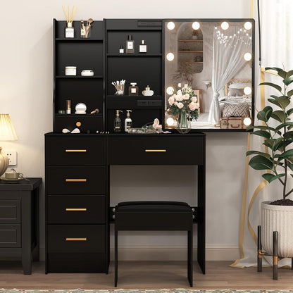 Schminktisch mit Beleuchtung und Spiegel, Frisiertisch Hocker Makeup