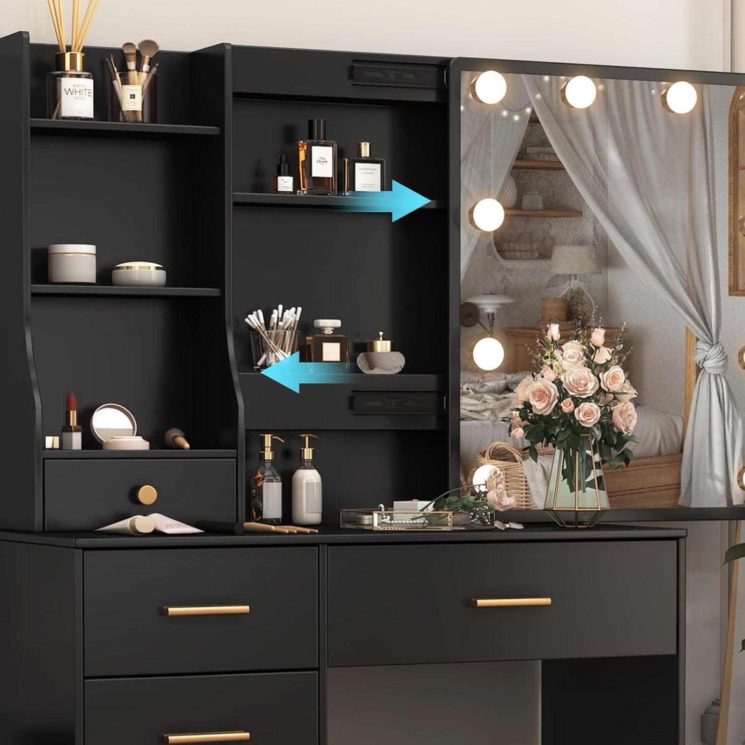 Schminktisch mit Beleuchtung und Spiegel, Frisiertisch Hocker Makeup