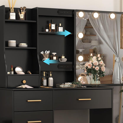 Schminktisch mit Beleuchtung und Spiegel, Frisiertisch Hocker Makeup