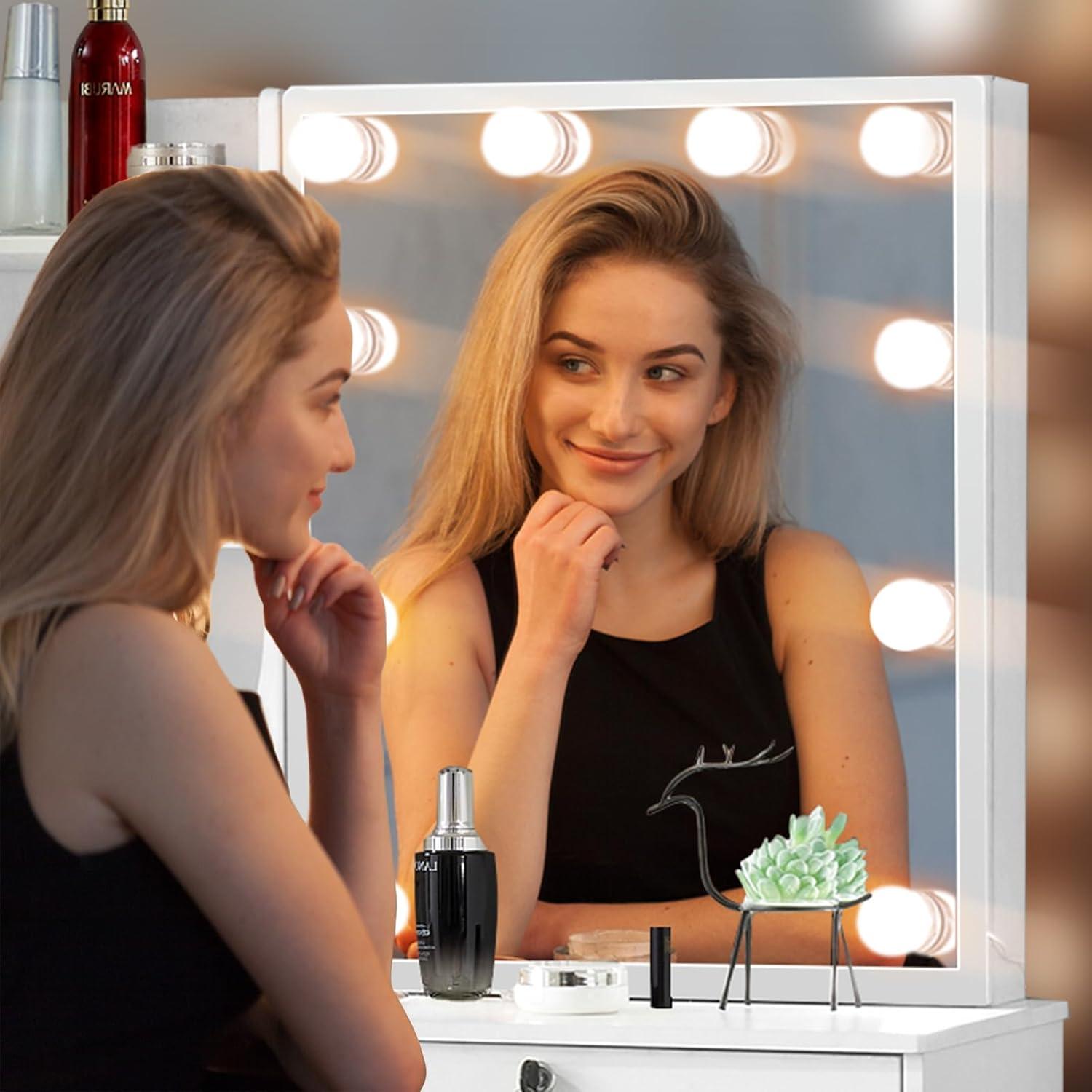 Puselo Schminktisch Makeup-Tisch mit LED-Beleuchtung und Schiebespiegel