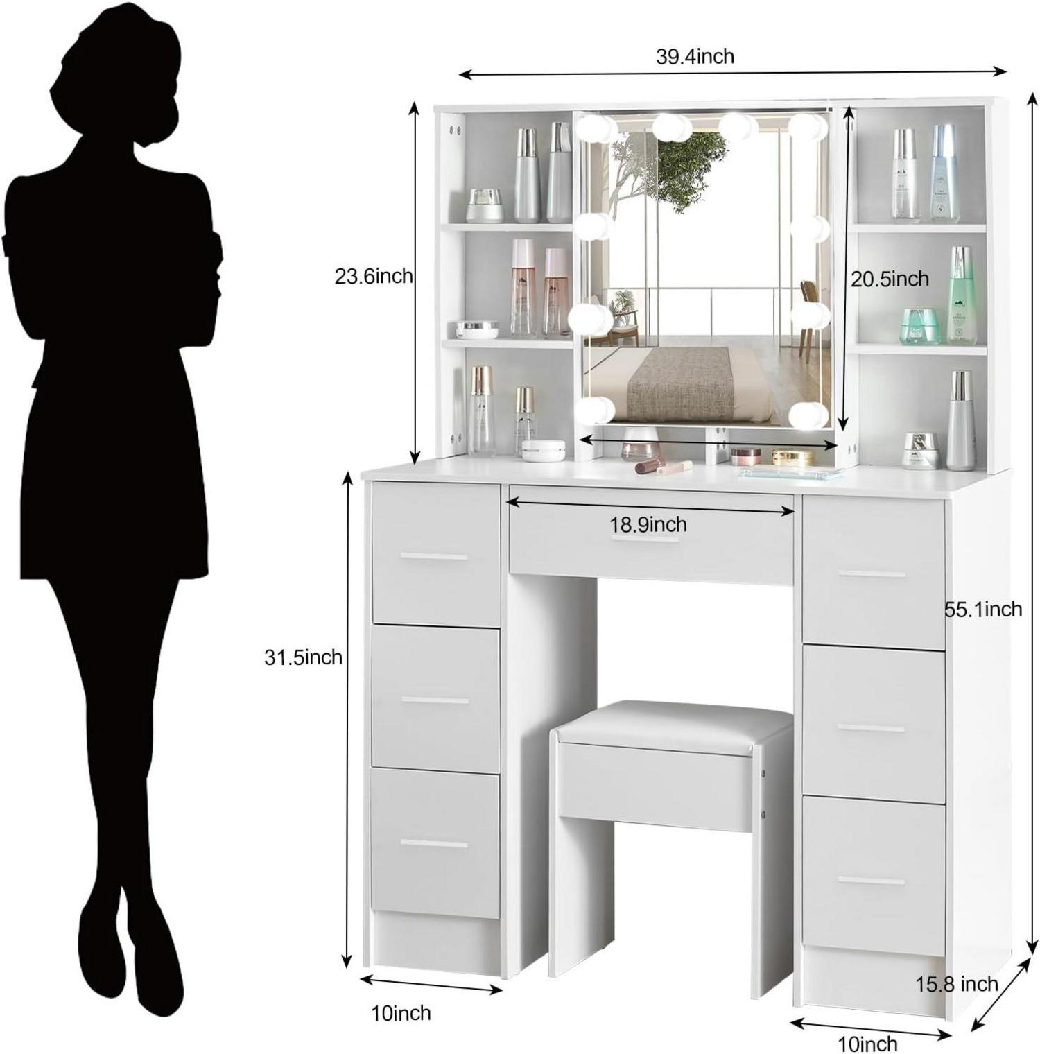 Schminktisch mit Beleuchtung und Spiegel Hocker Kosmetiktisch 6 Schubladen 6
