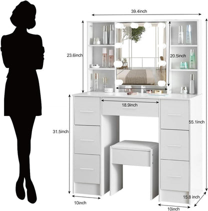 Schminktisch mit Beleuchtung und Spiegel Hocker Kosmetiktisch 6 Schubladen 6