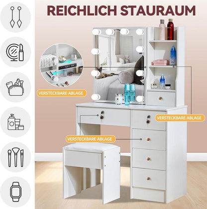 Schminktisch mit Beleuchtung Spiegel Hocker 10 Einstellbare Helligkeit