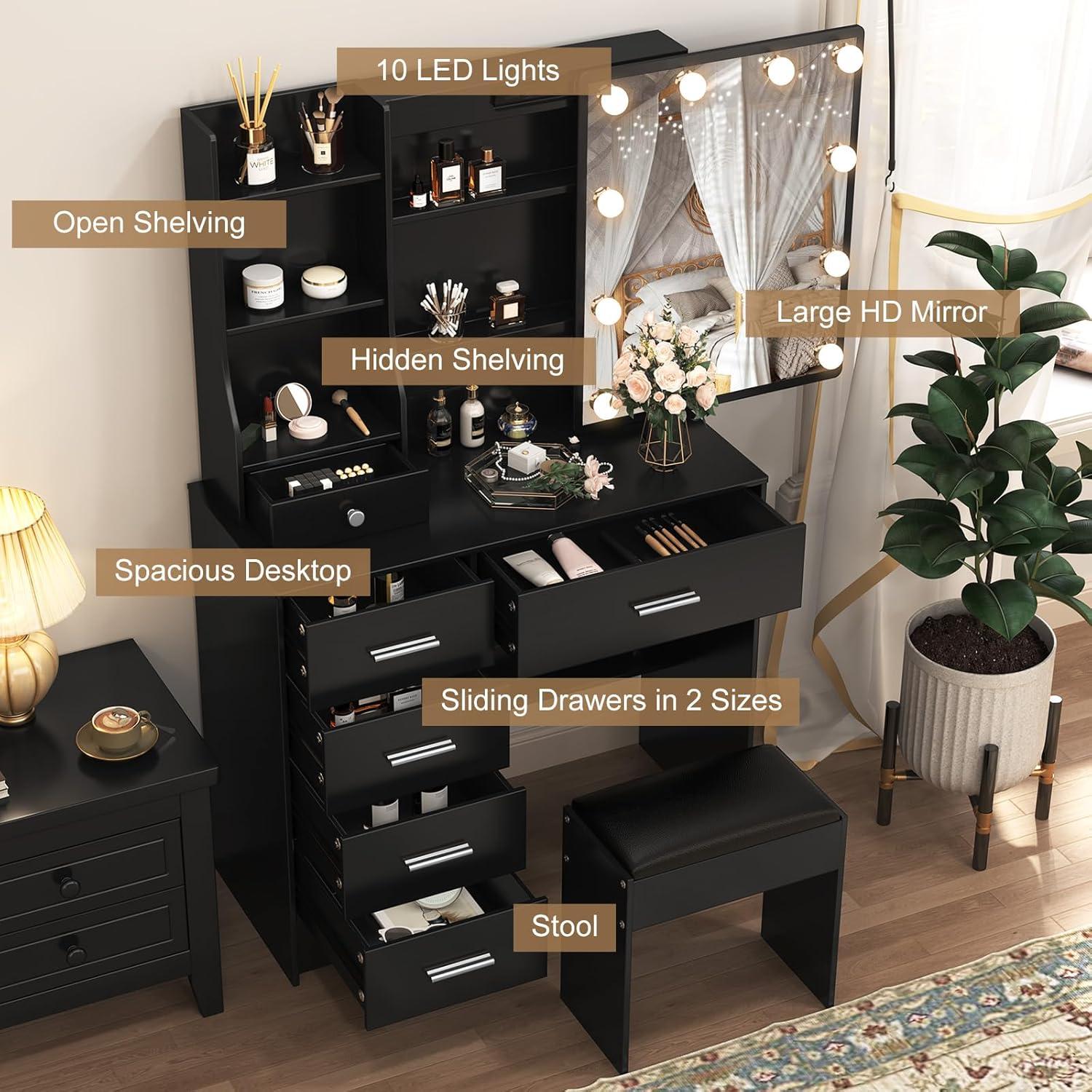 Schwarz Schminktisch Beleuchtung Spiegel Hocker Makeup Tisch Schlafzimmer 80x36x130cm