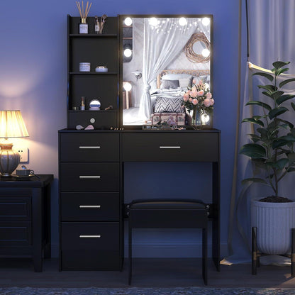 Schminktisch mit Beleuchtung 80x36x130cm - Schwarz Makeup Tisch für Schlafzimmer