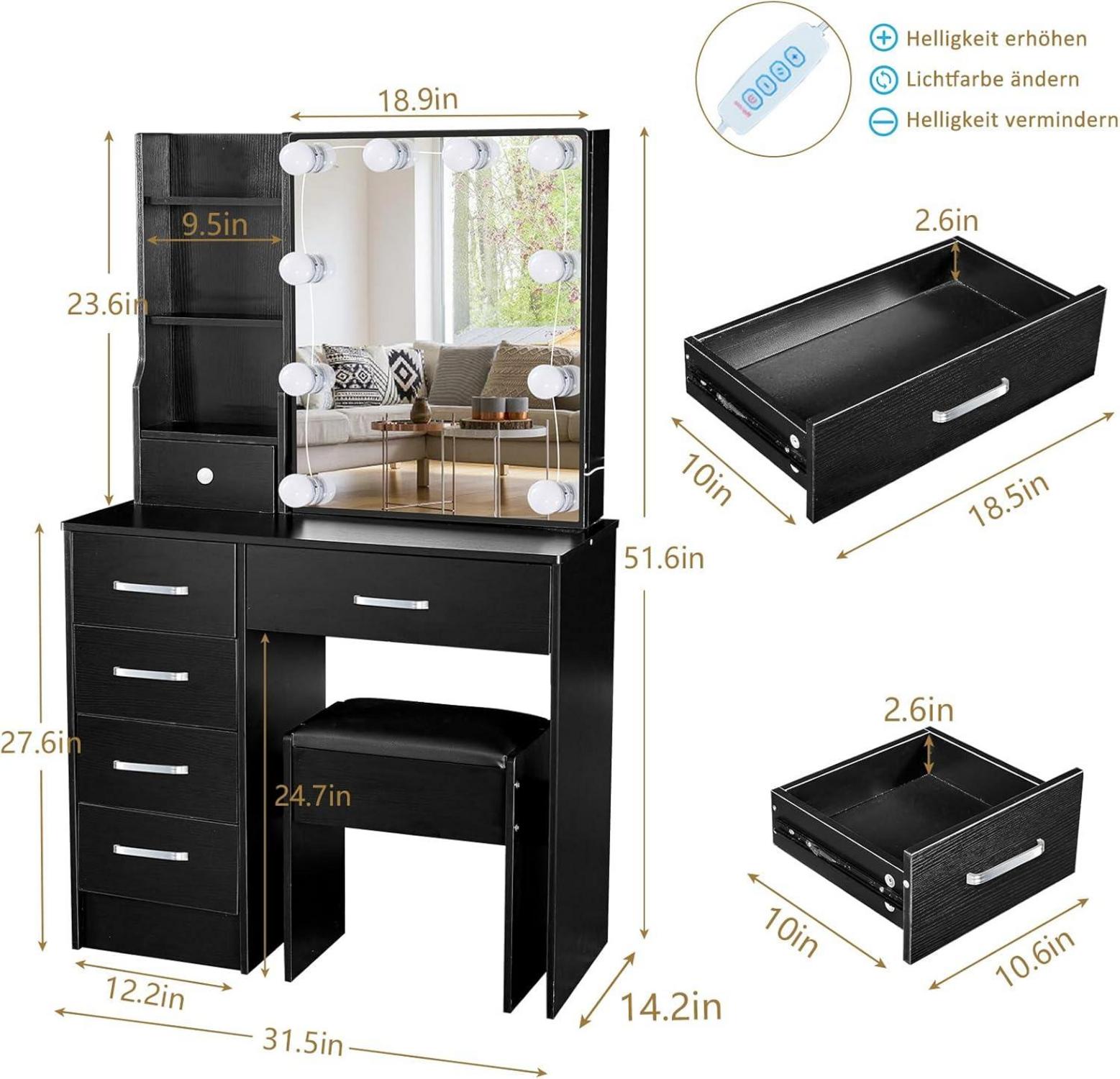 Schminktisch mit Beleuchtung 80x36x130cm - Schwarz Makeup Tisch für Schlafzimmer
