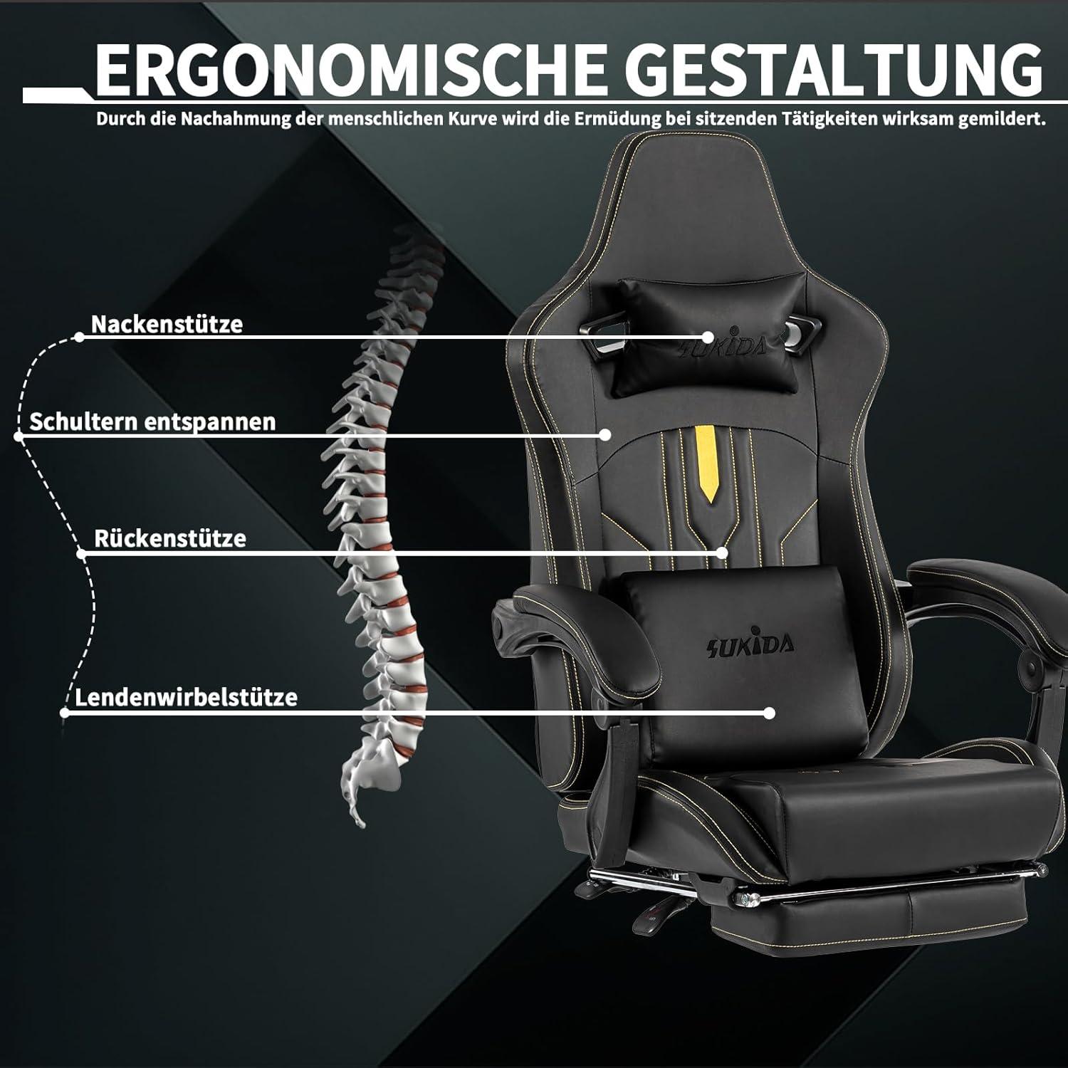SUKIDA Ergonomischer Gaming Stuhl mit Fußstütze und Lendenwirbelstütze Schwarz