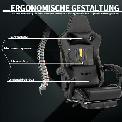 SUKIDA Ergonomischer Gaming Stuhl mit Fußstütze und Lendenwirbelstütze Schwarz