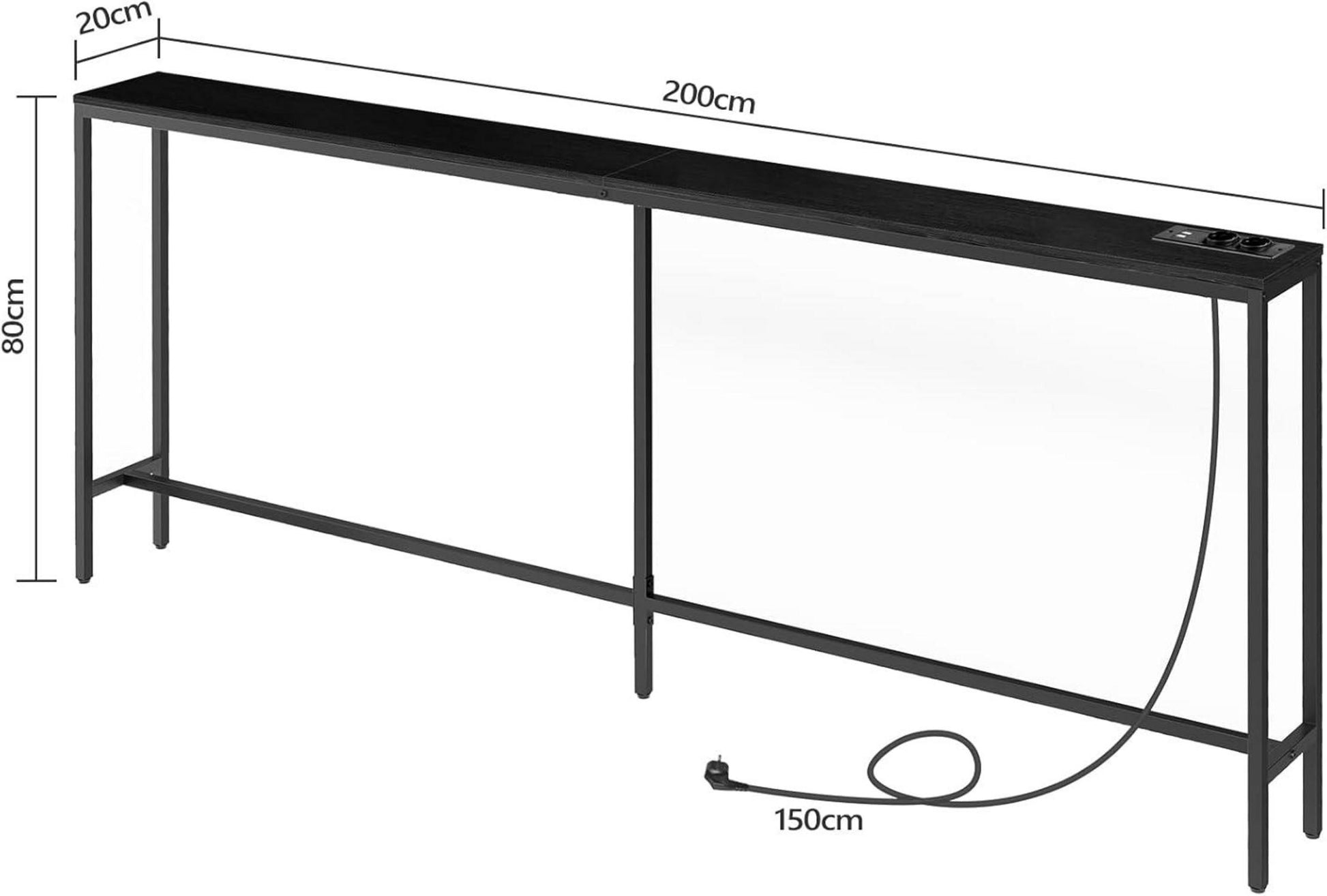 Schwarzer Konsolentisch mit Ladestation USB-Anschlüsse 200cm
