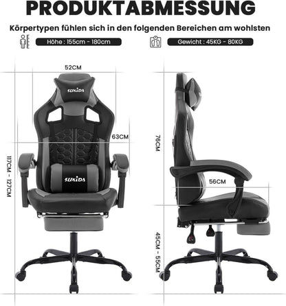 Ergonomischer Gaming-Stuhl mit Fußstütze und Lendenwirbelstütze