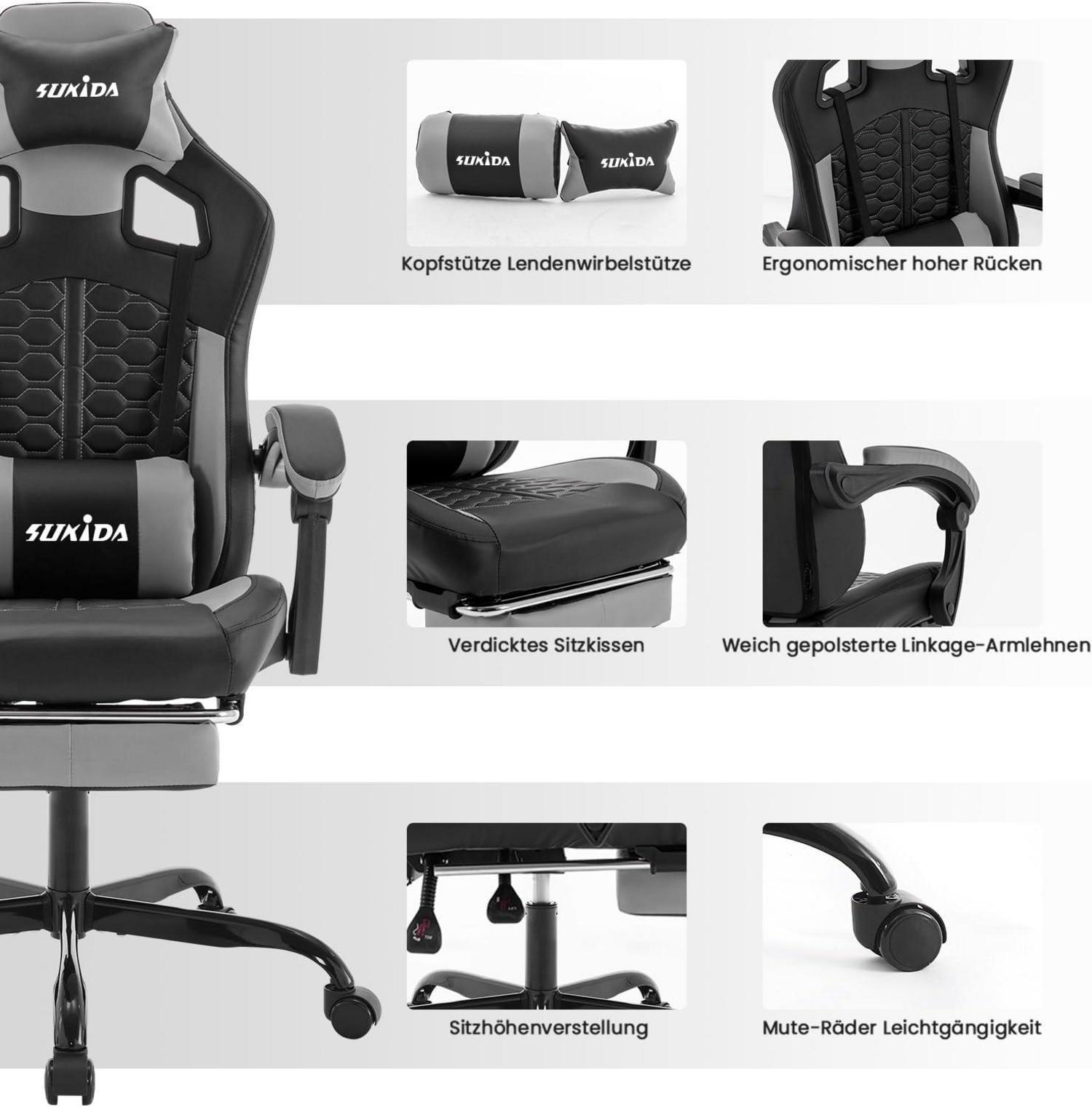 SUKIDA Gaming Stuhl mit Fußstütze, Racing Chair, Lendenwirbelstütze, Höhenverstellbar