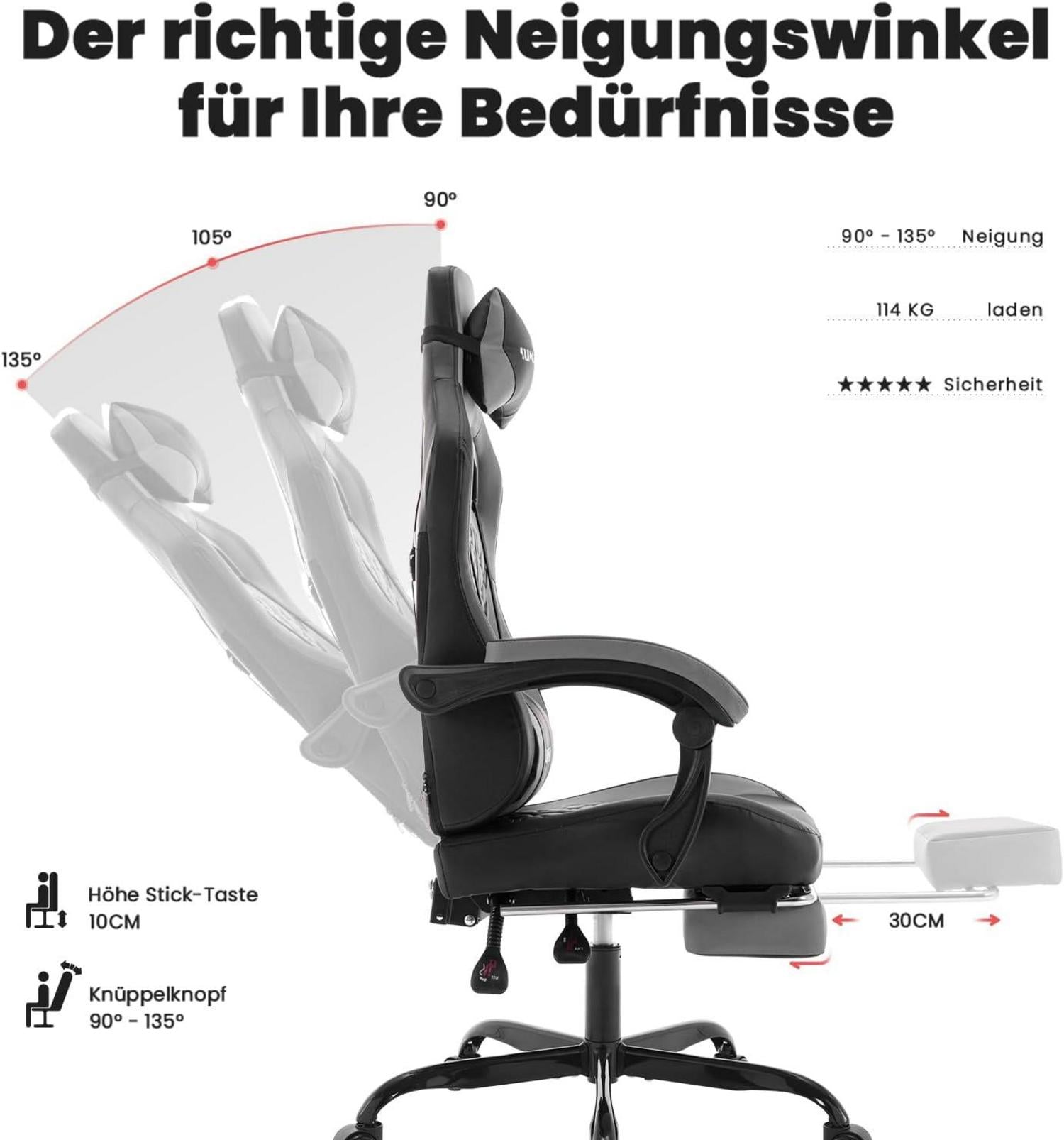 Gaming Stuhl mit Fußstütze und Kopfstütze, höhenverstellbar, Grau