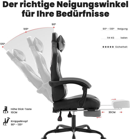 Gaming Stuhl mit Fußstütze und Kopfstütze, höhenverstellbar, Grau