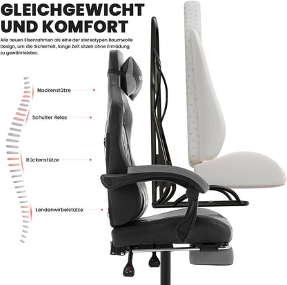 Gaming Stuhl mit Fußstütze und Kopfstütze, höhenverstellbar, Grau