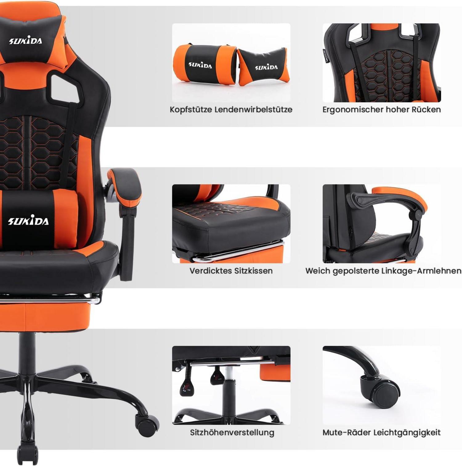 SUKIDA Ergonomischer Racing Gaming-Stuhl mit Fußstütze und verstellbarer Lendenwirbelstütze