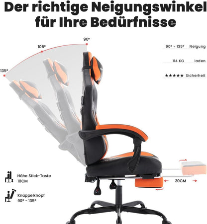 Ergonomischer Gaming-Stuhl mit Fußstütze und Kopfstütze - Orange