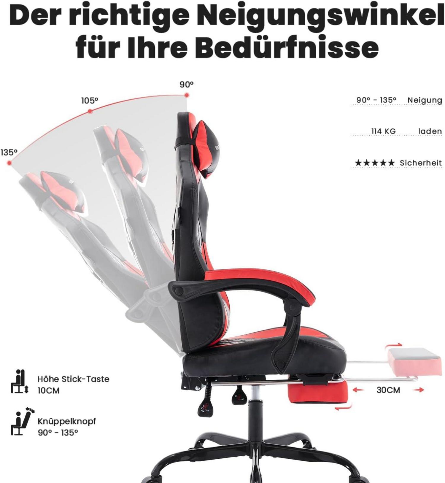 SUKIDA Gaming-Stuhl Racing Chair mit Fußstütze höhenverstellbar Rot