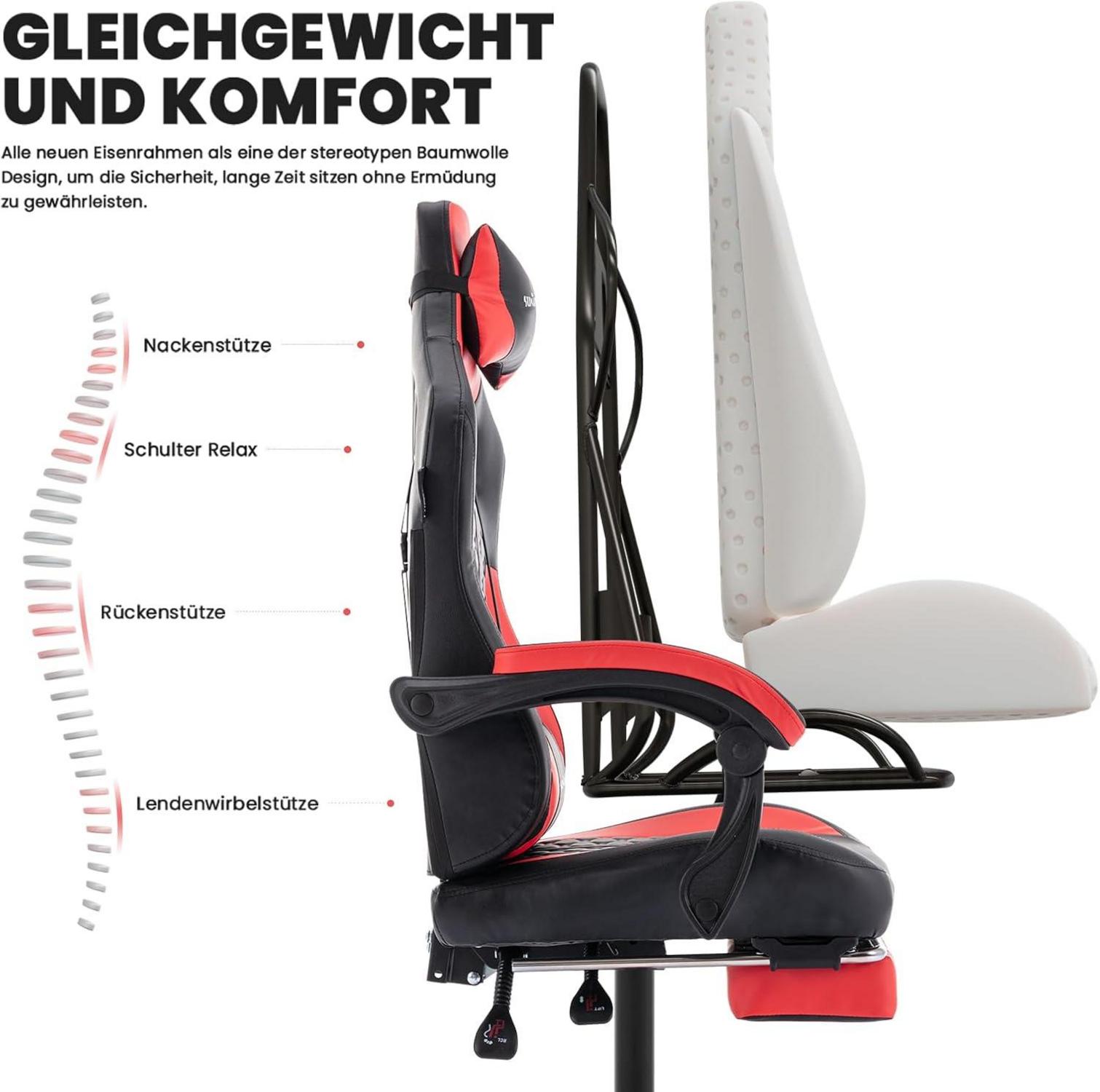 SUKIDA Gaming-Stuhl Racing Chair mit Fußstütze höhenverstellbar Rot