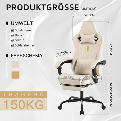 Ergonomischer Gaming Stuhl mit Fußstütze und Lendenwirbelstütze
